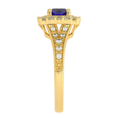 Retro Romance Round Blue sapphire and Natural Diamond Vintage inspired Engagement Ring.