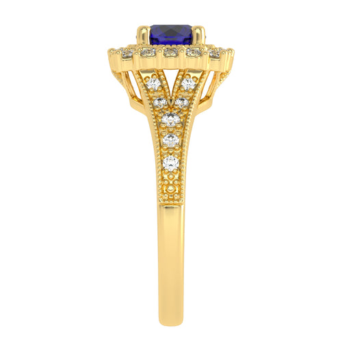 Retro Romance Round Blue sapphire and Natural Diamond Vintage inspired Engagement Ring.