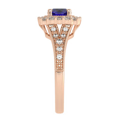 Retro Romance Round Blue sapphire and Natural Diamond Vintage inspired Engagement Ring.