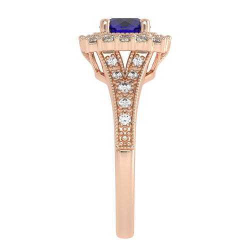 Retro Romance Round Blue sapphire and Natural Diamond Vintage inspired Engagement Ring.