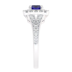 Retro Romance Round Blue sapphire and Natural Diamond Vintage inspired Engagement Ring.