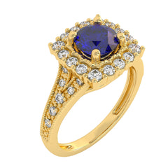 Retro Romance Round Blue sapphire and Natural Diamond Vintage inspired Engagement Ring.
