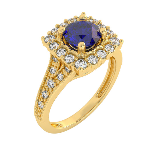 Retro Romance Round Blue sapphire and Natural Diamond Vintage inspired Engagement Ring.