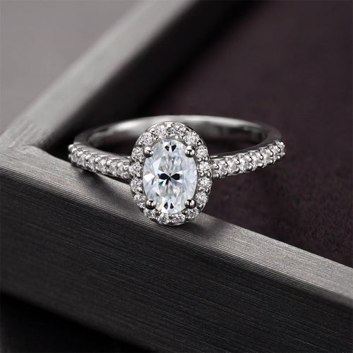 Radiant Rhapsody Oval Moissanite Halo Style Engagement Ring in Sterling Silver