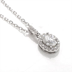 Radiant Rhapsody Oval Moissanite Halo Style Pendant Necklace in Sterling Silver