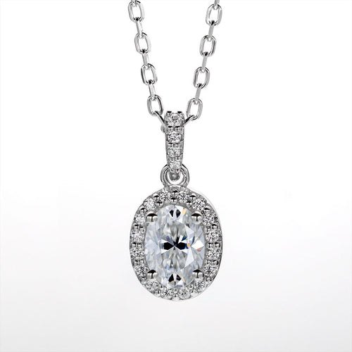 Radiant Rhapsody Oval Moissanite Halo Style Pendant Necklace in Sterling Silver