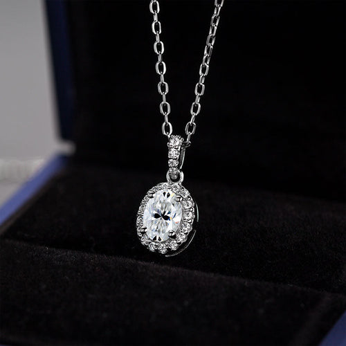 Radiant Rhapsody Oval Moissanite Halo Style Pendant Necklace in Sterling Silver