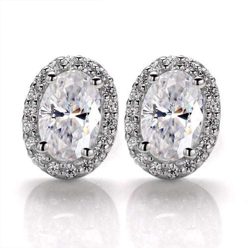 Radiant Rhapsody Oval Moissanite Halo Style Earrings in Sterling Silver