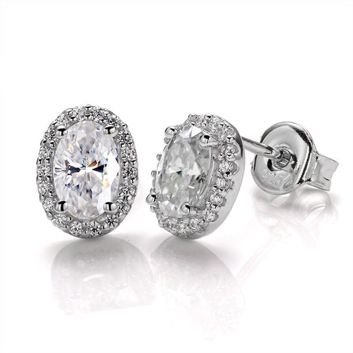 Radiant Rhapsody Oval Moissanite Halo Style Earrings in Sterling Silver