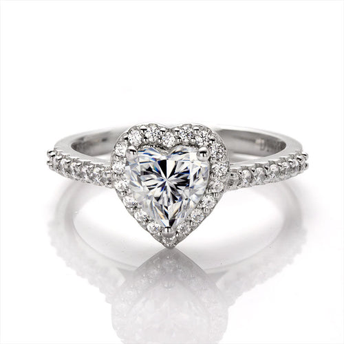 Captivating Romance Heart Shape Halo Style Moissanite Serenity Engagement Ring in Sterling Silver