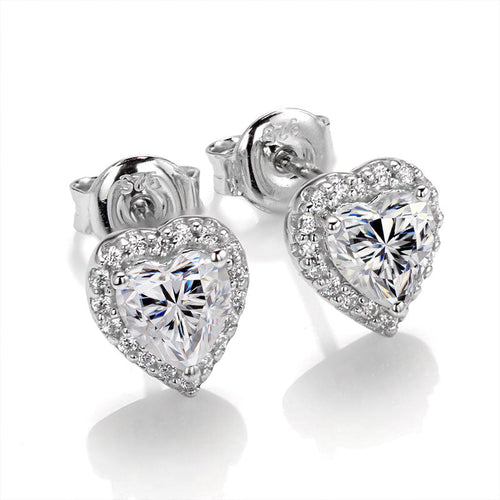 Captivating Romance Heart Shape Halo Style Moissanite Serenity Earrings in Sterling Silver