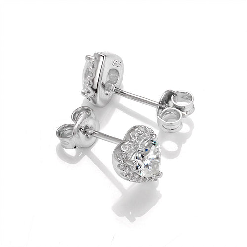 Captivating Romance Heart Shape Halo Style Moissanite Serenity Earrings in Sterling Silver