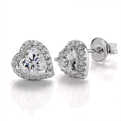 Captivating Romance Heart Shape Halo Style Moissanite Serenity Earrings in Sterling Silver