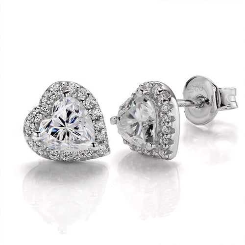 Captivating Romance Heart Shape Halo Style Moissanite Serenity Earrings in Sterling Silver