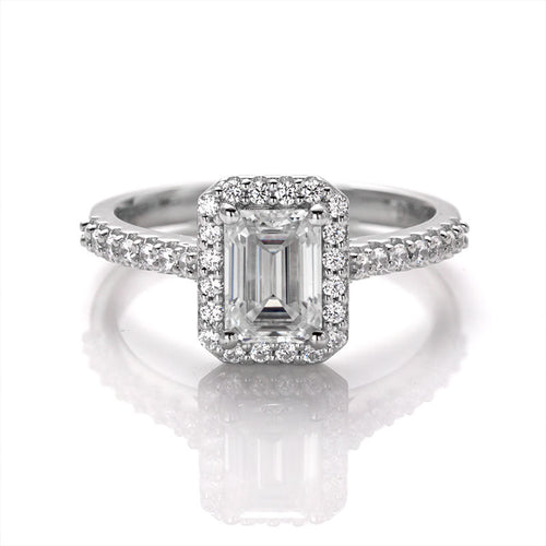 Enchanted Bliss Emerald Cut Moissanite Halo Style Engagement Ring in Sterling Silver