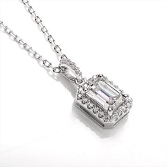 Enchanted Bliss Emerald Cut Moissanite Halo Style Pendant Necklace in Sterling Silver