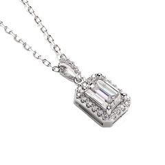 Enchanted Bliss Emerald Cut Moissanite Halo Style Pendant Necklace in Sterling Silver