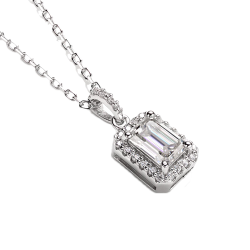 Enchanted Bliss Emerald Cut Moissanite Halo Style Pendant Necklace in Sterling Silver