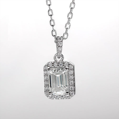 Enchanted Bliss Emerald Cut Moissanite Halo Style Pendant Necklace in Sterling Silver