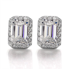 Enchanted Bliss Emerald Cut Moissanite Halo Style Earrings in Sterling Silver