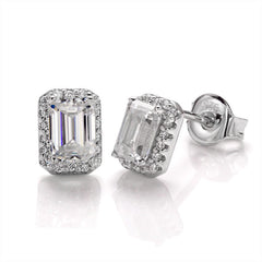 Enchanted Bliss Emerald Cut Moissanite Halo Style Earrings in Sterling Silver