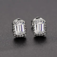 Enchanted Bliss Emerald Cut Moissanite Halo Style Earrings in Sterling Silver