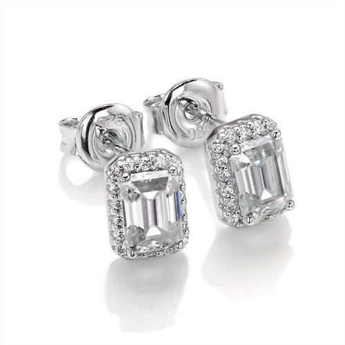 Enchanted Bliss Emerald Cut Moissanite Halo Style Earrings in Sterling Silver