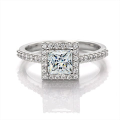 Vintage Timeless Classic Square Halo Style Princess Cut Moissanite Engagement Ring in Sterling Silver