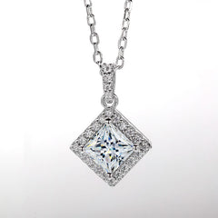 Vintage Timeless Classic Square Halo Style Princess Cut Moissanite Pendant Necklace in Sterling Silver