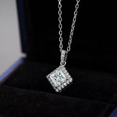 Vintage Timeless Classic Square Halo Style Princess Cut Moissanite Pendant Necklace in Sterling Silver