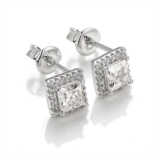 Vintage Timeless Classic Square Halo Style Princess Cut Moissanite Earrings in Sterling Silver