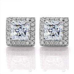 Vintage Timeless Classic Square Halo Style Princess Cut Moissanite Earrings in Sterling Silver