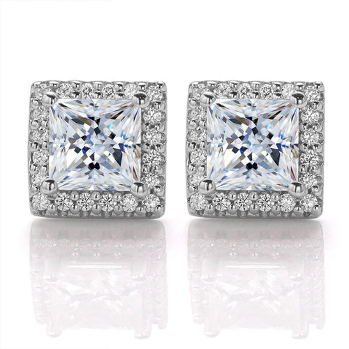 Vintage Timeless Classic Square Halo Style Princess Cut Moissanite Earrings in Sterling Silver