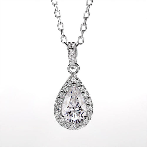 Whispers of Eternity Pear Shape Halo Style Moissanite Pendant Necklace in Sterling Silver