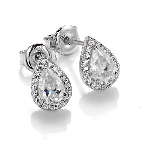 Whispers of Eternity Pear Shape Halo Style Moissanite Earrings in Sterling Silver