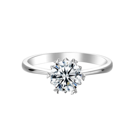 Floral Design Contemporary Round Solitaire Moissanite Engagement Ring in Sterling Silver