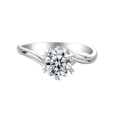 Floral Design Bypass Shank Contemporary Round Solitaire Moissanite Engagement Ring in Sterling Silver