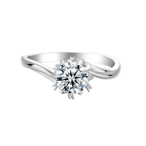 Floral Design Bypass Shank Contemporary Round Solitaire Moissanite Engagement Ring in Sterling Silver