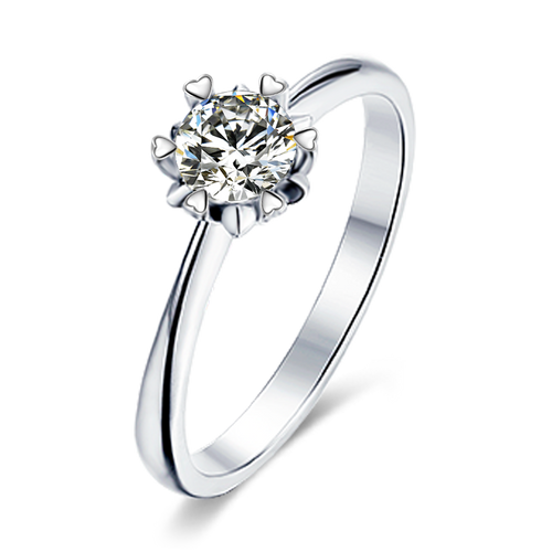 Designer Round Solitaire Moissanite Embellished Prong Tapered Shank Engagement Ring in Sterling Silver