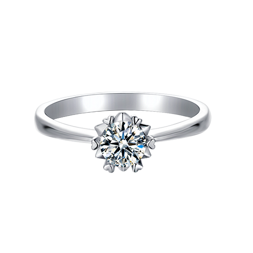 Designer Round Solitaire Moissanite Embellished Prong Tapered Shank Engagement Ring in Sterling Silver