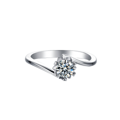 Cathedral Style Round Solitaire Moissanite Twist By-pass Shank Embellished Prong Engagement Ring in Sterling Silver