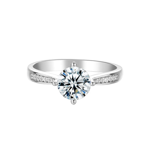 Glinting Solitaire Round Moissanite with Side Studded Shank Engagement Ring in Sterling Silver