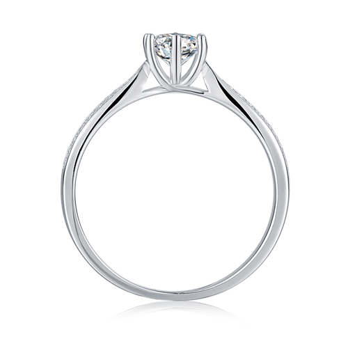 Double Row Shank Studded Six Prong Set Solitaire Moissanite Engagement Ring in Sterling Silver