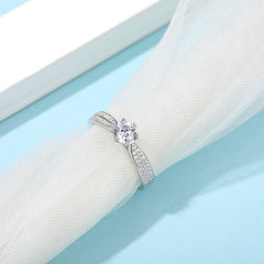 Double Row Shank Studded Six Prong Set Solitaire Moissanite Engagement Ring in Sterling Silver