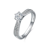 Double Row Shank Studded Six Prong Set Solitaire Moissanite Engagement Ring in Sterling Silver