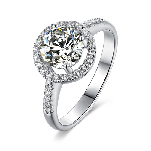 Diva Halo Style Designer Round Moissanite Engagement Ring in Sterling Silver