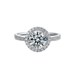 Diva Halo Style Designer Round Moissanite Engagement Ring in Sterling Silver