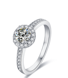 Scintillating Round Moissanite Halo Style with Side shank Mounts Engagement Ring on Sterling Silver