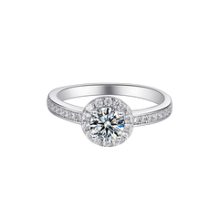 Scintillating Round Moissanite Halo Style with Side shank Mounts Engagement Ring on Sterling Silver