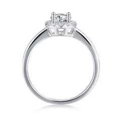 Scintillating Round Moissanite Halo Style with Side shank Mounts Engagement Ring on Sterling Silver